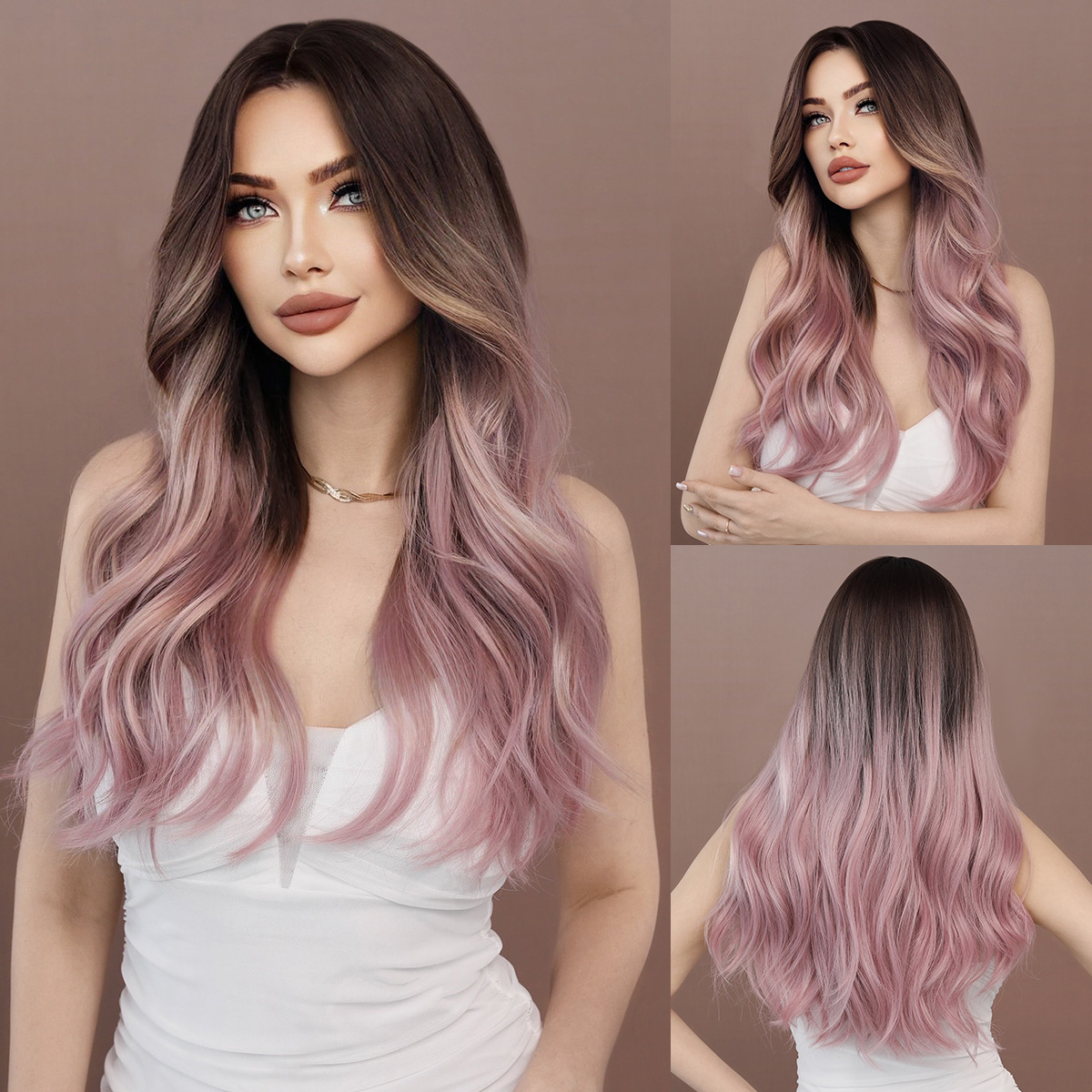 Women Pink Wigs Gradated Purple Long Curly Mid-Section Big Waves Fashion Wig